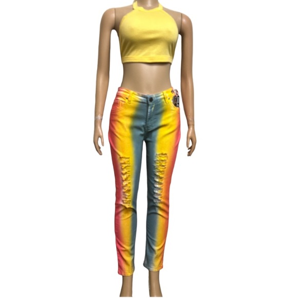 GLORY DENIM
Ladies Tie Dye Denim Ripped Jean - Red - Yellow - Green size 14 - Picture 6 of 11